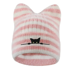 Load image into Gallery viewer, Fashion Keep Warm Women Cat Ear Knitted Hat Windproof Thickned Pullover Hat Cold Proof Embroidered Hat Outdoor Sports