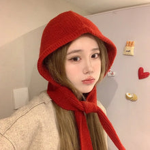 Load image into Gallery viewer, Fashionable Knitted Balaclava Hat Windproof Strap Bow Korean Ins Hood Scarf Thicken Warm Ear Protection Hat Autumn and Winter