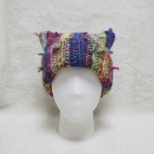 Load image into Gallery viewer, Mixed Color Cat Ears Hat Gradient Color Striped Pattern Crochet Beanie Fringed Design Thick Line Knitting Hat Children's Hat