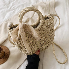 Load image into Gallery viewer, Straw Bag Women Hand-Woven Handbag Moon Shape Lace Bow Rattan Bag Big Capacity Drawstring Casual Beach Shoulder Crossbody Bag