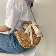 Load image into Gallery viewer, Straw Bag Women Hand-Woven Handbag Moon Shape Lace Bow Rattan Bag Big Capacity Drawstring Casual Beach Shoulder Crossbody Bag