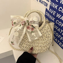 Load image into Gallery viewer, Straw Bag Women Hand-Woven Handbag Moon Shape Lace Bow Rattan Bag Big Capacity Drawstring Casual Beach Shoulder Crossbody Bag