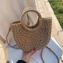 Load image into Gallery viewer, Straw Bag Women Hand-Woven Handbag Moon Shape Lace Bow Rattan Bag Big Capacity Drawstring Casual Beach Shoulder Crossbody Bag