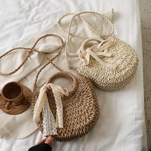 Load image into Gallery viewer, Straw Bag Women Hand-Woven Handbag Moon Shape Lace Bow Rattan Bag Big Capacity Drawstring Casual Beach Shoulder Crossbody Bag
