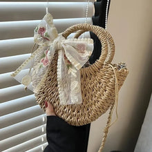 Load image into Gallery viewer, Straw Bag Women Hand-Woven Handbag Moon Shape Lace Bow Rattan Bag Big Capacity Drawstring Casual Beach Shoulder Crossbody Bag