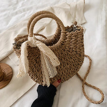 Load image into Gallery viewer, Straw Bag Women Hand-Woven Handbag Moon Shape Lace Bow Rattan Bag Big Capacity Drawstring Casual Beach Shoulder Crossbody Bag