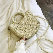Load image into Gallery viewer, Straw Bag Women Hand-Woven Handbag Moon Shape Lace Bow Rattan Bag Big Capacity Drawstring Casual Beach Shoulder Crossbody Bag