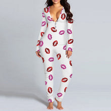 Load image into Gallery viewer, Women's Pajamas Onesies Sleepwear Button-down Front Sexy Buttoned Flap Pijama V-neck Long Sleeve Jumpsuit Female Home Clothes