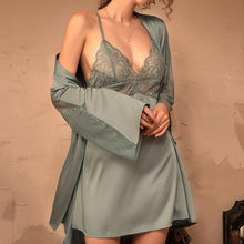 Load image into Gallery viewer, CINOON Women Pajamas Sets Faux Silk Pajamas Sleepwear Sets Embroidery Lace Bath Gown Wedding Night Dress Robe With Belt