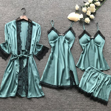 Load image into Gallery viewer, New Stain Black Lace Fashion Women Sleepwear With Chest Pad Nightdress Shorst Cardigan Set Pajamas