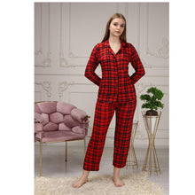 Load image into Gallery viewer, Women's Buttoned Pocket Gingham Patterned Masculine Collar Pajamas Set