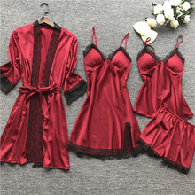 Load image into Gallery viewer, New Stain Black Lace Fashion Women Sleepwear With Chest Pad Nightdress Shorst Cardigan Set Pajamas