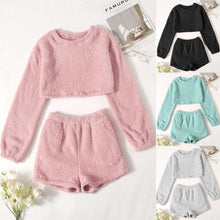 Load image into Gallery viewer, Women's Fuzzy Lounge Casual Pajamas Sets Long Sleeve Fleece Pullover and Shorts Pants Set 2 Piece Fluffy Loungewear Sleepwear