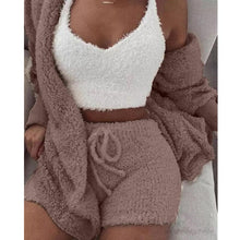 Load image into Gallery viewer, Women's Winter Plush Fluff Sleepwear Casual 3 Piece Sets Pajamas Set Long Sleeve Coat V-neck Vest Shorts Pants Suit