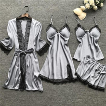 Load image into Gallery viewer, New Stain Black Lace Fashion Women Sleepwear With Chest Pad Nightdress Shorst Cardigan Set Pajamas