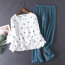 Load image into Gallery viewer, New Japanese Style Spring and Autumn Ladies Cotton Crepe Cloth Long-sleeved Trousers Pajamas Cactus Comfortable Home Service