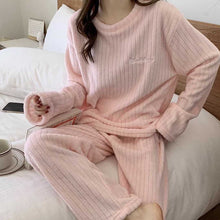Load image into Gallery viewer, Autumn Winter Women's Korean Fashion Temperament Coral Fleece Warm Pajamas Set Thick Plus Velvet Sweet Comfortable Breathable Casual Homewear