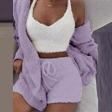 Load image into Gallery viewer, Women's Winter Plush Fluff Sleepwear Casual 3 Piece Sets Pajamas Set Long Sleeve Coat V-neck Vest Shorts Pants Suit