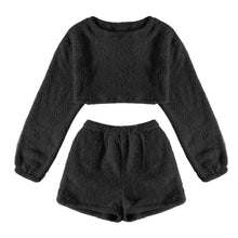 Load image into Gallery viewer, Women's Fuzzy Lounge Casual Pajamas Sets Long Sleeve Fleece Pullover and Shorts Pants Set 2 Piece Fluffy Loungewear Sleepwear