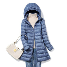 Load image into Gallery viewer, Women Fall Winter Stand Collar Hooded Solid Color Zipper Long White Duck Down Jacket M-5XL