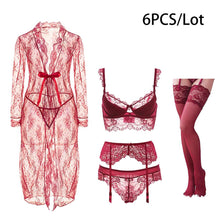 Load image into Gallery viewer, Varsbaby Sexy Robe+Bra+ Panties+ Stockings +Thong +Garter 6 Piece For Lady