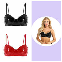 Load image into Gallery viewer, Women Wetlook Faux Leather Spaghetti Straps Wire-free No Pad Bra Top Raves Wear