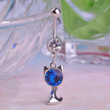 Load image into Gallery viewer, Small Cat Navel Bell Rings Silver Color Animal Nombril Ombligo Crystal Long Navel Ring Women Beach Navel Piercing Body Jewelry