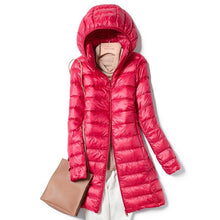 Load image into Gallery viewer, Women Fall Winter Stand Collar Hooded Solid Color Zipper Long White Duck Down Jacket M-5XL