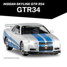 Load image into Gallery viewer, 1:32 Nissan GTR R35 R34 Sports Car Alloy Model Car Children Kids Toys Car Diecasts & Toy Vehicles Toy Cars Strong Pull-back Sound