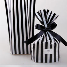 Load image into Gallery viewer, 10pcs Bow Stripe Dragee Black Box Gift Bags Wedding Candy Biscuits Snack Baking Package Plastic Packaging Event Party Supplies