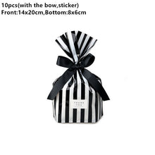 Load image into Gallery viewer, 10pcs Bow Stripe Dragee Black Box Gift Bags Wedding Candy Biscuits Snack Baking Package Plastic Packaging Event Party Supplies