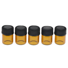 Load image into Gallery viewer, 100Pcs 1ml 2ml 3ml Amber Glass Vials, Mini Essential Oil Bottles with Orifice Reducer & Black Plastic Cap