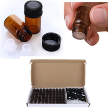 Load image into Gallery viewer, 100Pcs 1ml 2ml 3ml Amber Glass Vials, Mini Essential Oil Bottles with Orifice Reducer & Black Plastic Cap
