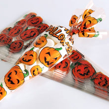 Load image into Gallery viewer, 100Pcs Halloween Cone Bags Plastic Candy Pouch Pumpkin Treat or Trick Bat Spider Halloween Decoration Supplies Halloween Favor
