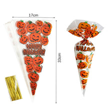 Load image into Gallery viewer, 100Pcs Halloween Cone Bags Plastic Candy Pouch Pumpkin Treat or Trick Bat Spider Halloween Decoration Supplies Halloween Favor