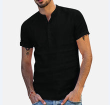 Load image into Gallery viewer, Men's Stand Collar Short Sleeve V-neck Cotton Linen Shirt