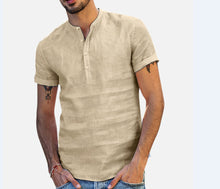 Load image into Gallery viewer, Men's Stand Collar Short Sleeve V-neck Cotton Linen Shirt