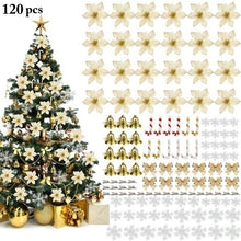 Load image into Gallery viewer, 120PCS /1set Christmas Tree Ornament Flash Artificial Flower Bow Bell Snowflake Small Cane Clip for Christmas Party Decoration