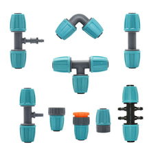Load image into Gallery viewer, 16mm 1/2'' PE Pipe Connector Water Splitter Tee Coupling Threaded Lock to 4/7mm Hose Reducer Garden Watering Drip Irrigation