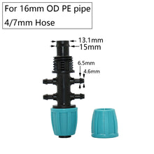 Load image into Gallery viewer, 16mm 1/2'' PE Pipe Connector Water Splitter Tee Coupling Threaded Lock to 4/7mm Hose Reducer Garden Watering Drip Irrigation