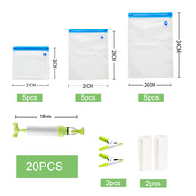 Load image into Gallery viewer, 17/20Pcs Vacuum Sealer Bags Reusable Food Storage bag Household Vacuum Food Sealer Ziplock Bag With Hand Pump Sealing Clips