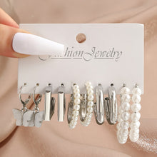 Load image into Gallery viewer, Pearl Twist Hoop Earrings Set Butterfly Acrylic Dangle Earrings for Women Metal Hollow Gold Plated Earring Cartoon Jewelry