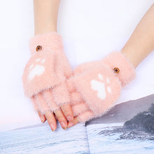 Load image into Gallery viewer, Writing Half Finger Flip Gloves Plush Cute Cat's Paw Girls Open Finger Wool Keep Warm