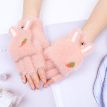 Load image into Gallery viewer, Autumn and Winter Korean Style Thick Warm Flip Half Finger Cute Rabbit Ears Radish Pattern Student Velvet Gloves