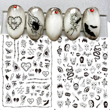Load image into Gallery viewer, 1pcs 3D Nail Stickers Black Snake Skull Spider Adhesive Sliders Clown Anime Decals Halloween Nail Art Decoration LAF792-F794