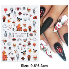 Load image into Gallery viewer, 1pcs 3D Nail Stickers Black Snake Skull Spider Adhesive Sliders Clown Anime Decals Halloween Nail Art Decoration LAF792-F794