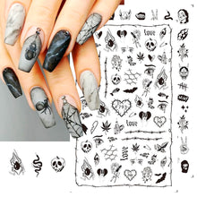 Load image into Gallery viewer, 1pcs 3D Nail Stickers Black Snake Skull Spider Adhesive Sliders Clown Anime Decals Halloween Nail Art Decoration LAF792-F794