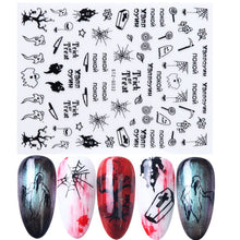 Load image into Gallery viewer, 1pcs 3D Nail Stickers Black Snake Skull Spider Adhesive Sliders Clown Anime Decals Halloween Nail Art Decoration LAF792-F794