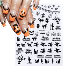 Load image into Gallery viewer, 1pcs 3D Nail Stickers Black Snake Skull Spider Adhesive Sliders Clown Anime Decals Halloween Nail Art Decoration LAF792-F794