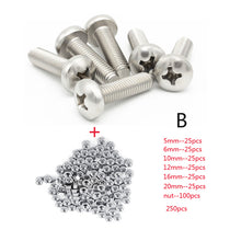 Load image into Gallery viewer, Screws 250pc/set A2 Stainless Steel M3 Cap/Button/Flat Head Screws Sets Phillips Hex Socket Bolt With Hex Nuts Assortment Kit Mayitr